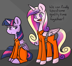 Size: 1024x939 | Tagged: safe, artist:flutternutpie, princess cadance, twilight sparkle, alicorn, pony, g4, bound wings, clothes, dialogue, duo, female, mare, optimism, prison, prison outfit, prisoner ts, sisters-in-law, twilight sparkle (alicorn), twilight sparkle is not amused, unamused