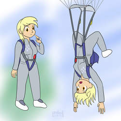 Size: 1000x1000 | Tagged: safe, artist:phallen1, derpy hooves, human, g4, air ponyville, clothes, falling, humanized, jumpsuit, parachute, skydiving, upside down