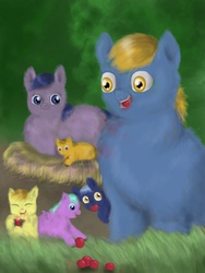 Size: 1536x2048 | Tagged: safe, artist:waggytail, fluffy pony, berry, feral fluffy pony, fluffy family, fluffy pony foals, hugbox