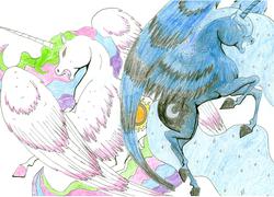 Size: 2330x1676 | Tagged: safe, artist:phantomnova189, princess celestia, princess luna, g4, traditional art