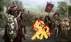 Size: 1600x943 | Tagged: safe, sunset shimmer, horse, human, pony, unicorn, g4, armor, banner, centurion, female, forest, gaius julius caesar, helmet, history, humans riding horses, laurel wreath, man, mare, raised arm, riding, roman, signifer, sunset shimmer in the past, total war