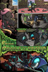 Size: 3000x4500 | Tagged: safe, artist:lovelyneckbeard, queen chrysalis, changeling, nymph, g4, angry, colt, comic, crying, drill sergeant, drool, evil, eye contact, eyes closed, fangs, foal, frown, glare, green changeling, grin, hoof hold, i can't believe it's not idw, magic man changelings, nose in the air, open mouth, pink changeling, playing, propaganda, purple changeling, sad, smiling, spear, tongue out, toy, weapon, yelling