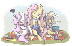 Size: 1539x984 | Tagged: safe, artist:melodenesa, discord, fluttershy, princess celestia, princess luna, g4, age regression, angry, blushing, cewestia, clothes, cookie, cute, eating, filly, food, picnic, raspberry, scarf, tongue out, woona, younger