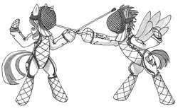 Size: 1024x644 | Tagged: safe, artist:zhaozoharex, flash sentry, twilight velvet, pegasus, pony, unicorn, g4, awesome, badass, bipedal, duo, epee, fanfic art, fencing, grayscale, monochrome, sparring, sword, traditional art