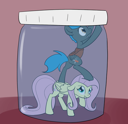 Size: 500x483 | Tagged: source needed, safe, artist:whatsapokemon, fluttershy, oc, oc:jade shine, pegasus, pony, g4, claustrophobic, implied asphyxiation, jar, micro, pony in a bottle, trapped, worried