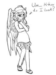 Size: 366x488 | Tagged: safe, artist:kiana, oc, oc only, oc:stormy sky, human, clothes, dress, eared humanization, humanized, mary janes, monochrome, socks, solo, tailed humanization, winged humanization