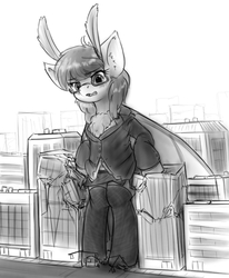 Size: 804x975 | Tagged: safe, artist:alloyrabbit, oc, oc only, oc:moon dust, giant moth, insect, moth, mothpony, original species, pony, blushing, business suit, clothes, destruction, giant insect, giant mothpony, giant pony, glasses, macro, monochrome, outfit, solo, stockings, suit