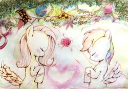 Size: 2192x1534 | Tagged: safe, artist:laurant, fluttershy, rainbow dash, g4, butt wings, female, lesbian, red string, red string of destiny, ship:flutterdash, shipping, traditional art, watercolor painting