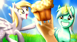 Size: 3200x1737 | Tagged: safe, artist:pshyzomancer, derpy hooves, lyra heartstrings, human, g4, hand, lens flare, muffin, smiling