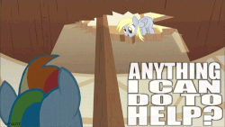 Size: 500x281 | Tagged: safe, edit, edited screencap, screencap, derpy hooves, rainbow dash, pegasus, pony, g4, the last roundup, animated, anything i can do to help, caption, female, mare