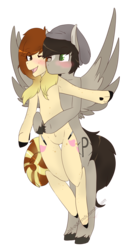 Size: 1024x2005 | Tagged: safe, artist:oddends, oc, oc only, earth pony, pegasus, pony, beanie, belly button, couple, cute, flying, hat, hug, hug from behind, oc x oc, smiling, wink