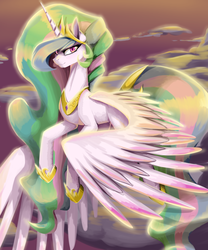 Size: 2500x3000 | Tagged: safe, artist:santagiera, princess celestia, alicorn, pony, g4, cloud, female, flying, high res, looking at you, smirk, solo