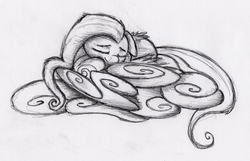 Size: 3280x2118 | Tagged: safe, artist:otto720, fluttershy, g4, cloud, female, high res, monochrome, sleeping, solo, traditional art