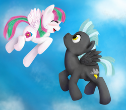 Size: 1024x891 | Tagged: safe, artist:lolly-pop-girl732, blossomforth, thunderlane, pegasus, pony, g4, blushing, cloud, female, flying, male, mare, ship:blossomlane, shipping, sky, stallion, straight