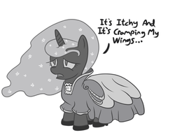 Size: 900x693 | Tagged: safe, artist:midnight-wizard, nightmare moon, g4, clothes, cute, dress, female, filly, frown, monochrome, nightmare woon, open mouth, sad, solo, uncomfortable