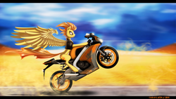 Size: 5000x2812 | Tagged: safe, artist:shaadorian, spitfire, g4, female, motorcycle, solo, spread wings, vehicle