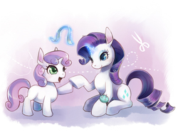 Size: 750x579 | Tagged: safe, artist:murai shinobu, rarity, sweetie belle, g4, pixiv, sisters