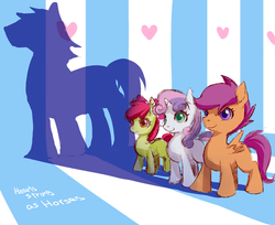 Size: 650x530 | Tagged: safe, artist:murai shinobu, apple bloom, scootaloo, sweetie belle, earth pony, pegasus, pony, unicorn, g4, abstract background, apple bloom's bow, blank flank, bow, cutie mark crusaders, female, filly, foal, hair bow, hearts as strong as horses, pixiv, shadow, spread wings, wings