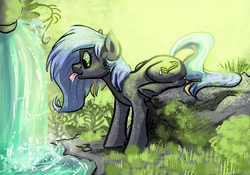 Size: 1100x772 | Tagged: safe, artist:gonedreamer, oc, oc only, oc:rain dancer, earth pony, pony, solo, tongue out, waterfall