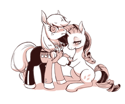 Size: 748x619 | Tagged: safe, artist:murai shinobu, applejack, rarity, g4, testing testing 1-2-3, clothes, female, lesbian, monochrome, pixiv, ship:rarijack, shipping