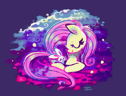 Size: 1000x763 | Tagged: safe, artist:crayon-chewer, angel bunny, fluttershy, g4, eyes closed, full body, lying down, prone, purple background, side view, simple background