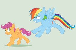 Size: 1024x683 | Tagged: safe, artist:dr-whiskey, rainbow dash, scootaloo, g4, chase, duo, scootalove