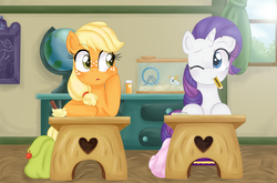 Size: 3291x2173 | Tagged: safe, artist:lucy-tan, applejack, princess celestia, rarity, hamster, g4, bag, book, desk, filly, globe, hamster habitat, hamster wheel, high res, looking at each other, mouth hold, pencil, picture frame, saddle bag, school, table, window, wink