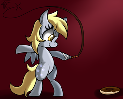 Size: 1212x986 | Tagged: dead source, safe, artist:php92, derpy hooves, pegasus, pony, g4, bipedal, donut, female, solo, whip