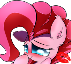 Size: 1000x900 | Tagged: safe, artist:madacon, pinkie pie, earth pony, pony, g4, bedroom eyes, blushing, boop, covering, cute, ear fluff, female, fluffy, in love, kiss mark, lipstick, mare, shy, simple background, smiling, solo, transparent background
