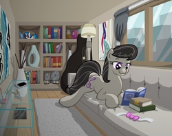 Size: 4170x3300 | Tagged: safe, artist:template93, dj pon-3, octavia melody, vinyl scratch, earth pony, pony, apartment, book, cello case, city, commission, couch, cute, female, interior, lying down, mare, painting, phone, plushie, prone, reading, rug, smiling, solo, tavibetes, vase