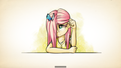 Size: 7680x4320 | Tagged: safe, artist:tenart, fluttershy, butterfly, human, g4, absurd resolution, clothes, female, hair over one eye, humanized, simple background, solo, table