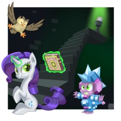Size: 900x900 | Tagged: safe, artist:swanlullaby, owlowiscious, rarity, spike, g4, inspiration manifestation, armor, crystal armor, inspirarity, inspiration manifestation book