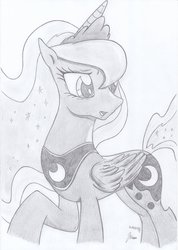 Size: 911x1280 | Tagged: safe, artist:moaja, princess luna, g4, black and white, female, grayscale, monochrome, solo, traditional art