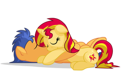 Size: 1280x757 | Tagged: safe, artist:furrgroup, flash sentry, sunset shimmer, pegasus, pony, unicorn, g4, cuddling, cute, diasentres, duo, female, floppy ears, male, mare, shimmerbetes, ship:flashimmer, shipping, simple background, snuggling, stallion, white background