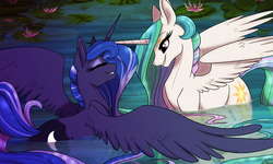 Size: 800x480 | Tagged: dead source, safe, artist:probablyfakeblonde, princess celestia, princess luna, alicorn, pony, g4, cute, duo, eyes closed, female, grin, horn, horns are touching, mare, missing accessory, royal sisters, siblings, sisters, smiling, spread wings, water