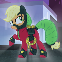Size: 720x720 | Tagged: safe, screencap, applejack, mistress marevelous, g4, power ponies (episode), clothes, costume, female, power ponies, raised hoof, solo