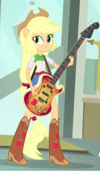 Size: 363x620 | Tagged: safe, screencap, applejack, a case for the bass, equestria girls, g4, my little pony equestria girls: rainbow rocks, bass guitar, female, guitar, musical instrument, ponied up, pony ears, solo