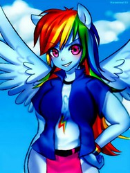 Size: 450x600 | Tagged: safe, artist:racoonsan, edit, rainbow dash, equestria girls, g4, clothes, female, pixlr, ponied up, solo