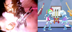 Size: 1000x455 | Tagged: safe, rainbow dash, trixie, equestria girls, g4, my little pony equestria girls: rainbow rocks, comparison, daft punk, double neck guitar, electric guitar, guitar, keytar, musical instrument