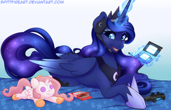 Size: 1200x776 | Tagged: safe, artist:spittfireart, princess luna, alicorn, pony, gamer luna, g4, 3ds, colored wings, controller, female, gradient wings, headset, looking at you, magic, mare, playstation 4, plushie, pocky, prone, smiling, solo