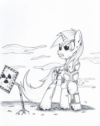 Size: 796x1004 | Tagged: safe, artist:corvostawr, oc, oc only, oc:littlepip, pony, unicorn, fallout equestria, caution sign, clothes, fanfic, fanfic art, female, jumpsuit, mare, monochrome, pipbuck, sign, solo, vault suit, wasteland