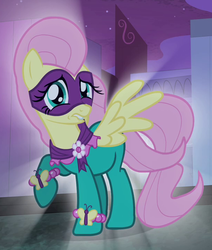 Size: 610x720 | Tagged: safe, screencap, fluttershy, saddle rager, pony, g4, power ponies (episode), clothes, costume, female, lip bite, outfit catalog, power ponies, solo