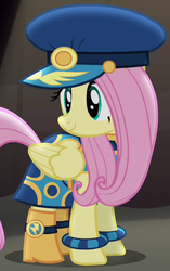 Size: 301x480 | Tagged: safe, screencap, admiral fairy flight, fluttershy, pegasus, pony, g4, testing testing 1-2-3, ancient wonderbolts uniform, boots, clothes, costume, cropped, female, hat, mare, outfit catalog, shoes, solo, uniform
