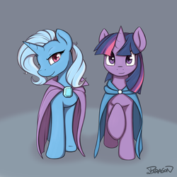 Size: 3500x3500 | Tagged: safe, artist:theparagon, trixie, twilight sparkle, pony, unicorn, g4, cape, clothes, female, high res, looking at you, mare, smiling