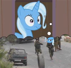 Size: 390x375 | Tagged: safe, trixie, g4, animated, car, don't trust wheels, epic fail, female, frown, israel, israeli army, palestine, soldier, thought bubble, tire, wheel, wheels trixie, wide eyes