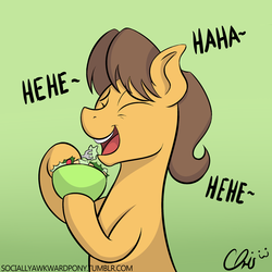Size: 1280x1280 | Tagged: safe, artist:nekocrispy, caramel, g4, ask, bowl, eating, eyes closed, fork, hate, herbivore, hoof hold, laughing, male, open mouth, ponies laughing with fruit salad, salad, smiling, socially awkward pony, solo, tumblr