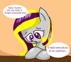 Size: 575x500 | Tagged: safe, artist:mittenpatty, oc, oc only, oc:grape lemonade, pegasus, pony, ask grape lemonade, blog, crossed hooves, dialogue, faic, female, mare, solo, tumblr