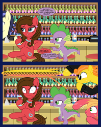 Size: 762x960 | Tagged: safe, artist:edowaado, big macintosh, carrot cake, spike, oc, dragon, earth pony, pony, g4, :o, bad pickup line spike, comic, crossed legs, female, male, mare, open mouth, spike's witty pickup lines, stallion, sunglasses