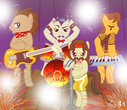 Size: 1602x1383 | Tagged: safe, artist:ladypixelheart, ace point, caramel, doctor whooves, horte cuisine, savoir fare, time turner, g4, band, drums, facial hair, guitar, keyboard, microphone, moustache, musical instrument