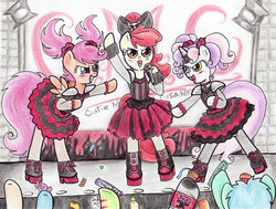 Size: 900x682 | Tagged: safe, artist:oriwhitedeer, apple bloom, scootaloo, sweetie belle, semi-anthro, g4, babymetal, boots, bow, candy, chocolate, choker, clothes, cutie mark crusaders, dress, food, hoof hold, horn, horn jewelry, jewelry, looking up, metal, open mouth, performance, pigtails, stage, sweatband